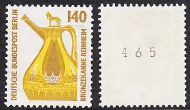 BERLIN 1989 Michel-Nummer 832 postfrisch EINZELMARKE m/ rücks.Rollennummer 465 - Sehenswürdigkeiten: Bronzekanne, Reinheim
