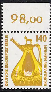 BERLIN 1989 Michel-Nummer 832 postfrisch EINZELMARKE RAND oben (a) - Sehenswürdigkeiten: Bronzekanne, Reinheim