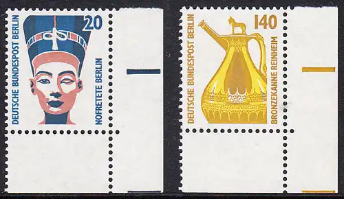 BERLIN 1989 Michel-Nummer 831-832 postfrisch SATZ(2) EINZELMARKEN ECKRÄNDER unten rechts - Sehenswürdigkeiten: Nofretete-Büste, Berlin / Bronzekanne, Reinheim