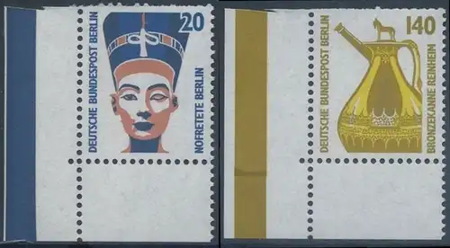 BERLIN 1989 Michel-Nummer 831-832 postfrisch SATZ(2) EINZELMARKEN ECKRÄNDER unten links - Sehenswürdigkeiten: Nofretete-Büste, Berlin / Bronzekanne, Reinheim