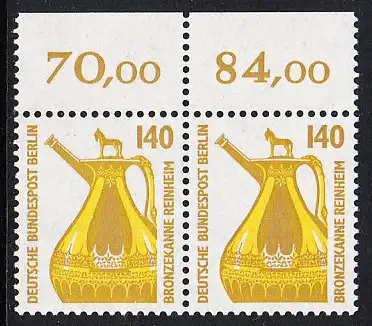 BERLIN 1989 Michel-Nummer 832 postfrisch horiz.PAAR RAND oben (a) - Sehenswürdigkeiten: Bronzekanne, Reinheim