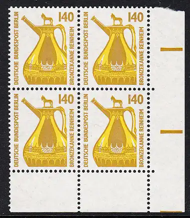 BERLIN 1989 Michel-Nummer 832 postfrisch BLOCK ECKRAND unten rechts - Sehenswürdigkeiten: Bronzekanne, Reinheim