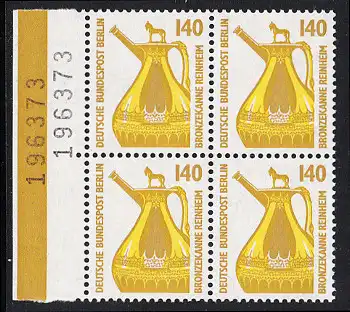 BERLIN 1989 Michel-Nummer 832 postfrisch BLOCK RÄNDER links (BZ) - Sehenswürdigkeiten: Bronzekanne, Reinheim