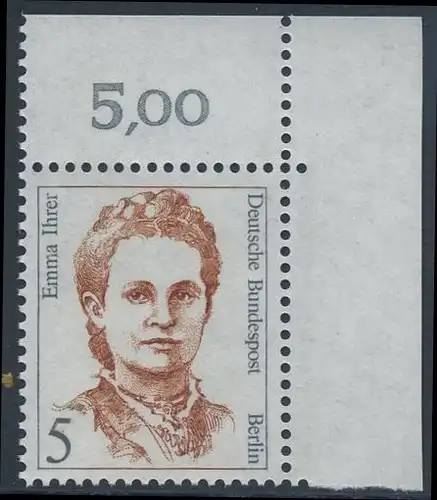 BERLIN 1989 Michel-Nummer 833 postfrisch EINZELMARKE ECKRAND oben rechts - Frauen der deutschen Geschichte: Emma Ihrer, Politikerin und Gewerkschaftlerin