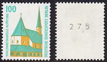 BERLIN 1989 Michel-Nummer 834 postfrisch EINZELMARKE m/ rücks.Rollennummer 275 - Sehenswürdigkeiten: Wallfahrtskapelle, Altötting