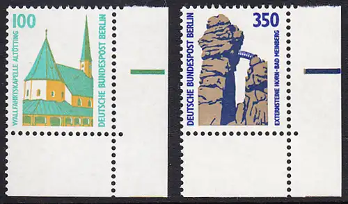 BERLIN 1989 Michel-Nummer 834-835 postfrisch SATZ(2) EINZELMARKEN ECKRÄNDER unten rechts - Sehenswürdigkeiten: Wallfahrtskapelle, Altötting / Externsteine, Horn-Bad Meinberg