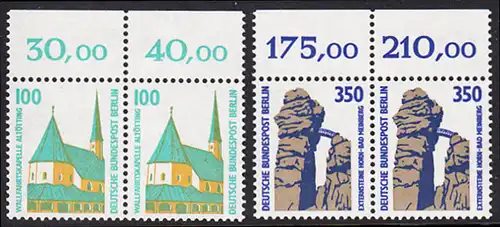 BERLIN 1989 Michel-Nummer 834-835 postfrisch SATZ(2) horiz.PAARE RÄNDER oben - Sehenswürdigkeiten: Wallfahrtskapelle, Altötting / Externsteine, Horn-Bad Meinberg