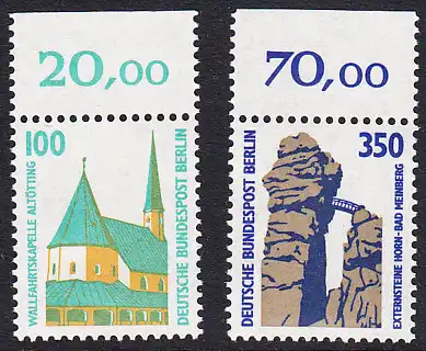 BERLIN 1989 Michel-Nummer 834-835 postfrisch SATZ(2) EINZELMARKEN RÄNDER oben - Sehenswürdigkeiten: Wallfahrtskapelle, Altötting / Externsteine, Horn-Bad Meinberg