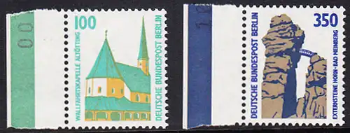 BERLIN 1989 Michel-Nummer 834-835 postfrisch SATZ(2) EINZELMARKEN RÄNDER links - Sehenswürdigkeiten: Wallfahrtskapelle, Altötting / Externsteine, Horn-Bad Meinberg