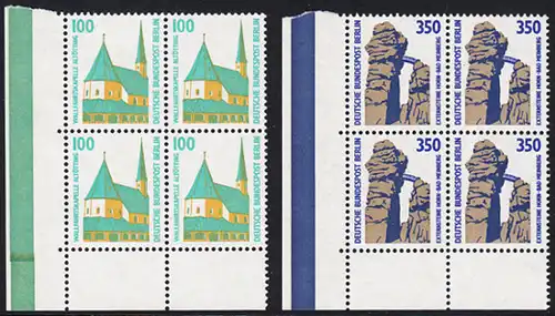 BERLIN 1989 Michel-Nummer 834-835 postfrisch SATZ(2) BLÖCKE ECKRAND unten links - Sehenswürdigkeiten: Wallfahrtskapelle, Altötting / Externsteine, Horn-Bad Meinberg
