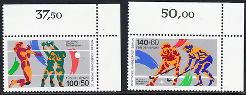 BERLIN 1989 Michel-Nummer 836-837 postfrisch SATZ(2) EINZELMARKEN ECKRÄNDER oben rechts - Sporthilfe: Volleyball-Europameisterschaften der Damen, Hamburg, Karlsruhe und Stuttgart / Hockey Champions Trophy, Berlin