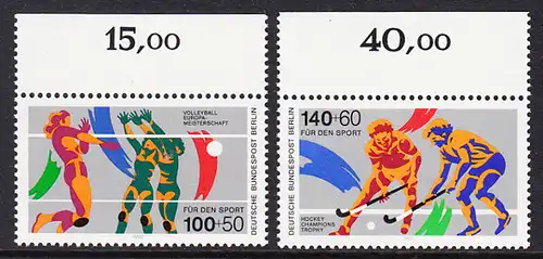 BERLIN 1989 Michel-Nummer 836-837 postfrisch SATZ(2) EINZELMARKEN RÄNDER oben (c) - Sporthilfe: Volleyball-Europameisterschaften der Damen, Hamburg, Karlsruhe und Stuttgart / Hockey Champions Trophy, Berlin