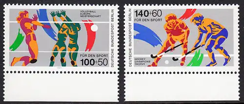 BERLIN 1989 Michel-Nummer 836-837 postfrisch SATZ(2) EINZELMARKEN RÄNDER unten - Sporthilfe: Volleyball-Europameisterschaften der Damen, Hamburg, Karlsruhe und Stuttgart / Hockey Champions Trophy, Berlin