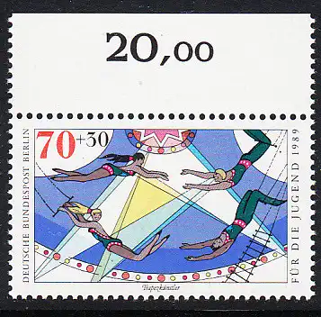 BERLIN 1989 Michel-Nummer 839 postfrisch EINZELMARKE RAND oben - Zirkus: Trapezkünstler