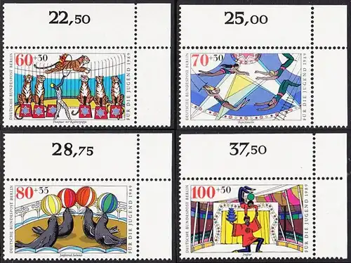 BERLIN 1989 Michel-Nummer 838-841 postfrisch SATZ(4) EINZELMARKEN ECKRÄNDER oben rechts - Zirkus