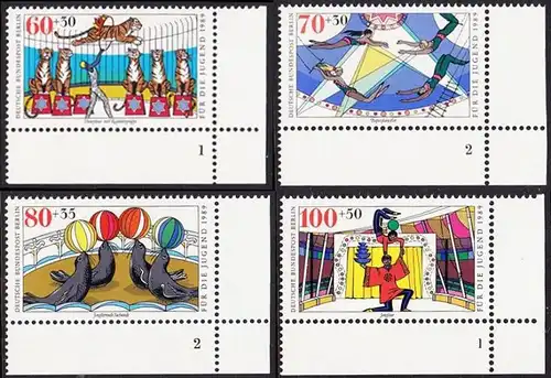 BERLIN 1989 Michel-Nummer 838-841 postfrisch SATZ(4) EINZELMARKEN ECKRÄNDER unten rechts (FN/a) - Zirkus