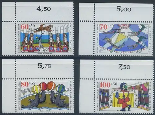 BERLIN 1989 Michel-Nummer 838-841 postfrisch SATZ(4) EINZELMARKEN ECKRÄNDER oben links - Zirkus