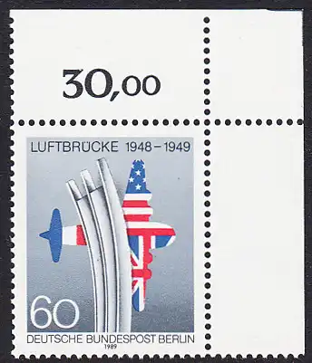 BERLIN 1989 Michel-Nummer 842 postfrisch EINZELMARKE ECKRAND oben rechts - Beendigung der Blockade von Berlin