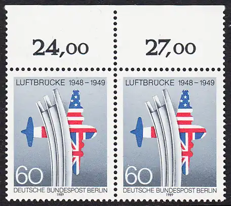 BERLIN 1989 Michel-Nummer 842 postfrisch horiz.PAAR RAND oben - Beendigung der Blockade von Berlin