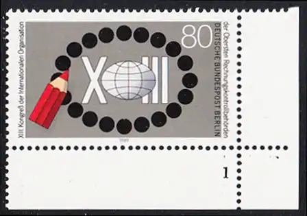 BERLIN 1989 Michel-Nummer 843 postfrisch EINZELMARKE ECKRAND unten rechts (FN) - Kongress der Internationalen Organisation der Obersten Rechnungskontrollbehörden, Berlin