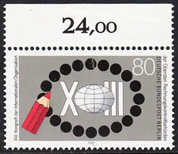 BERLIN 1989 Michel-Nummer 843 postfrisch EINZELMARKE RAND oben (b) - Kongress der Internationalen Organisation der Obersten Rechnungskontrollbehörden, Berlin
