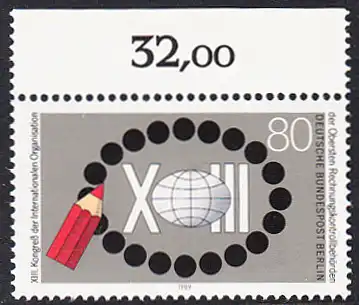 BERLIN 1989 Michel-Nummer 843 postfrisch EINZELMARKE RAND oben (c) - Kongress der Internationalen Organisation der Obersten Rechnungskontrollbehörden, Berlin