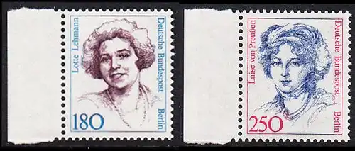 BERLIN 1989 Michel-Nummer 844-845 postfrisch SATZ(2) EINZELMARKEN RÄNDER links (a) - Frauen der deutschen Geschichte: Lotte Lehmann, Sangerin / Luise von Preußen, Königin von Preußen