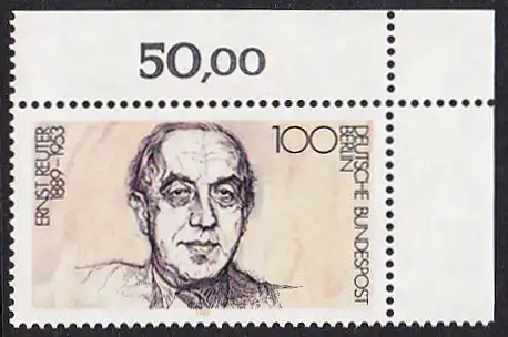 BERLIN 1989 Michel-Nummer 846 postfrisch EINZELMARKE ECKRAND oben rechts - Ernst Reuter, Politiker, Oberbürgermeister von Berlin