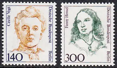BERLIN 1989 Michel-Nummer 848-849 postfrisch SATZ(2) EINZELMARKEN - Frauen der deutschen Geschichte: Cécile Vogt, Hirnforscherin / Fanny Hensel, Musikerin