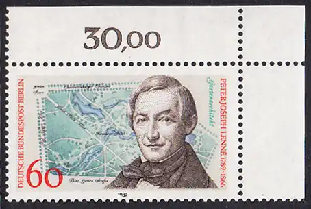 BERLIN 1989 Michel-Nummer 850 postfrisch EINZELMARKE ECKRAND oben rechts - Peter Joseph Lenné, Gartenarchitekt