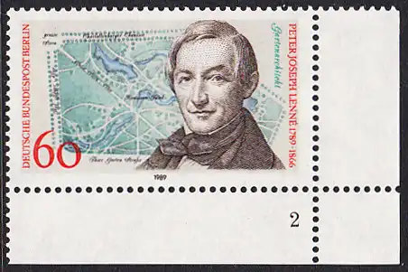 BERLIN 1989 Michel-Nummer 850 postfrisch EINZELMARKE ECKRAND unten rechts (FN/b) - Peter Joseph Lenné, Gartenarchitekt