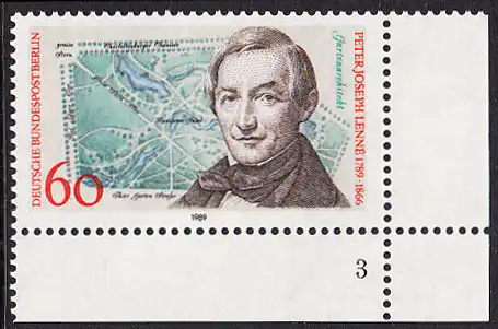 BERLIN 1989 Michel-Nummer 850 postfrisch EINZELMARKE ECKRAND unten rechts (FN/c) - Peter Joseph Lenné, Gartenarchitekt
