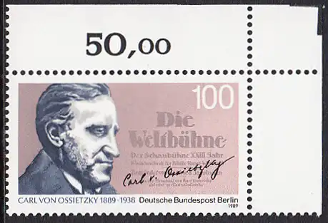 BERLIN 1989 Michel-Nummer 851 postfrisch EINZELMARKE ECKRAND oben rechts - Carl von Ossietzky, Publizist