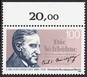 BERLIN 1989 Michel-Nummer 851 postfrisch EINZELMARKE RAND oben - Carl von Ossietzky, Publizist