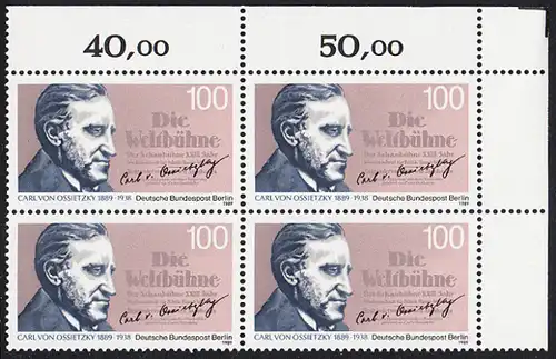 BERLIN 1989 Michel-Nummer 851 postfrisch BLOCK ECKRAND oben rechts - Carl von Ossietzky, Publizist