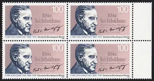 BERLIN 1989 Michel-Nummer 851 postfrisch BLOCK RÄNDER rechts - Carl von Ossietzky, Publizist