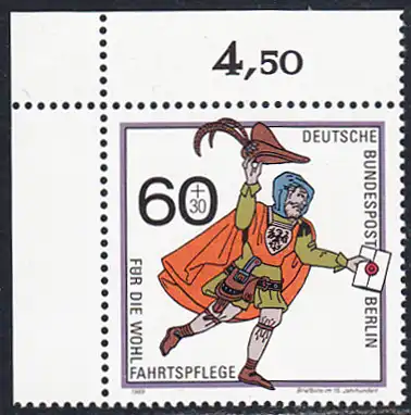 BERLIN 1989 Michel-Nummer 852 postfrisch EINZELMARKE ECKRAND oben links - Postbeförderung im Laufe der Jahrhunderte: Briefbote