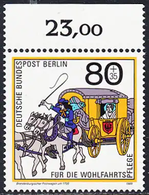 BERLIN 1989 Michel-Nummer 853 postfrisch EINZELMARKE RAND oben - Postbeförderung im Laufe der Jahrhunderte: Brandenburgischer Postwagen