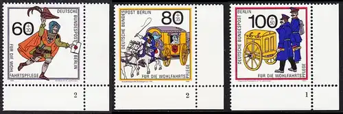 BERLIN 1989 Michel-Nummer 852-854 postfrisch SATZ(3) EINZELMARKEN ECKRÄNDER unten rechts (FN) - Postbeförderung im Laufe der Jahrhunderte