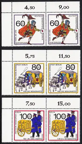 BERLIN 1989 Michel-Nummer 852-854 postfrisch SATZ(3) horiz.PAARE ECKRÄNDER oben links - Postbeförderung im Laufe der Jahrhunderte