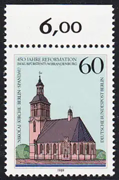 BERLIN 1989 Michel-Nummer 855 postfrisch EINZELMARKE RAND oben (a) - Reformation im Kurfürstentum Brandenburg
