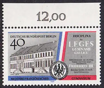 BERLIN 1989 Michel-Nummer 856 postfrisch EINZELMARKE RAND oben (b) - Französisches Gymnasium, Berlin