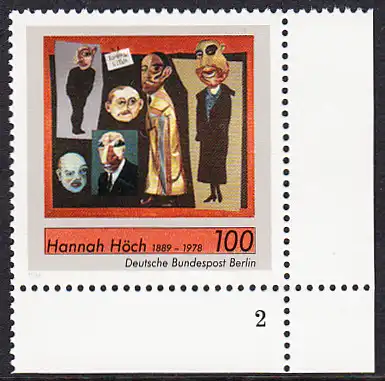 BERLIN 1989 Michel-Nummer 857 postfrisch EINZELMARKE ECKRAND unten rechts (FN) - Hannah Höch, Malerin