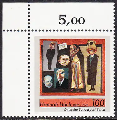 BERLIN 1989 Michel-Nummer 857 postfrisch EINZELMARKE ECKRAND oben links - Hannah Höch, Malerin
