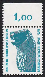 BERLIN 1990 Michel-Nummer 863 postfrisch EINZELMARKE RAND oben (a) - Sehenswürdigkeiten: Löwenstandbild, Braunschweig