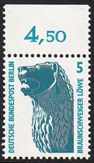 BERLIN 1990 Michel-Nummer 863 postfrisch EINZELMARKE RAND oben (b) - Sehenswürdigkeiten: Löwenstandbild, Braunschweig
