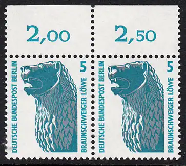 BERLIN 1990 Michel-Nummer 863 postfrisch horiz.PAAR RAND oben (b) - Sehenswürdigkeiten: Löwenstandbild, Braunschweig