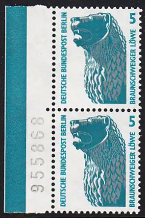 BERLIN 1990 Michel-Nummer 863 postfrisch vert.PAAR RAND links (c) - Sehenswürdigkeiten: Löwenstandbild, Braunschweig
