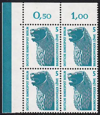 BERLIN 1990 Michel-Nummer 863 postfrisch BLOCK ECKRAND oben links - Sehenswürdigkeiten: Löwenstandbild, Braunschweig