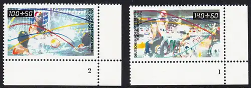 BERLIN 1990 Michel-Nummer 864-865 postfrisch SATZ(2) EINZELMARKEN ECKRÄNDER unten rechts (FN) - Beliebte Sportarten: Wasserball / Rollstuhl-Basketball 